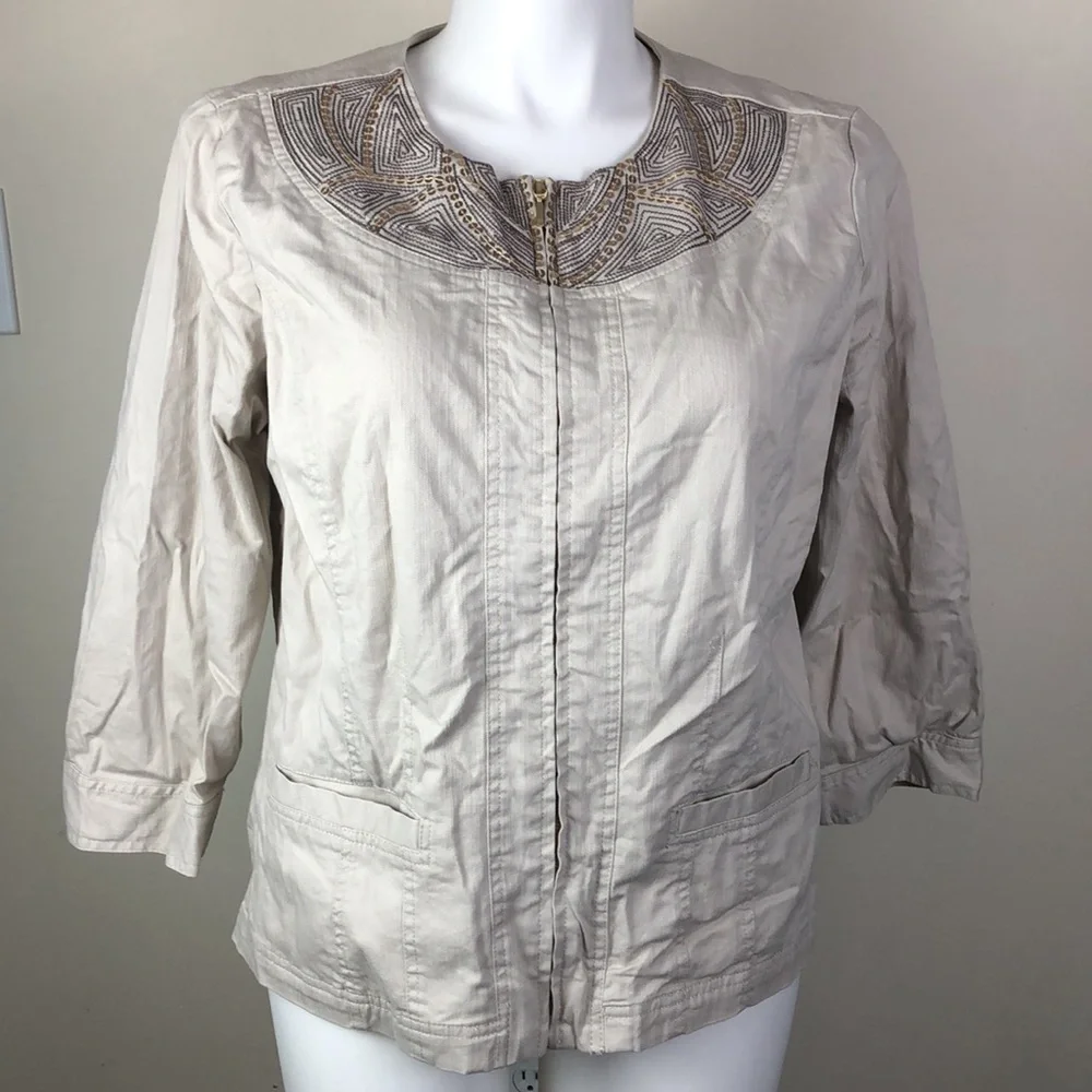 JM Collection Zip Front Stretch Denim Jacket Sequin